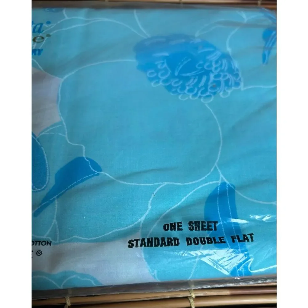 Wamsutta Double Flat Sheet NIP Vintage Floral Linen Blue Turquoise